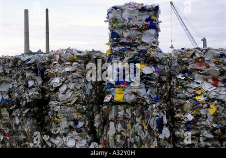 Waste cardboard cartons and plastic packaging at a recycling centre in Dusseldorf, North Rhine-Westphalia, Germany. Stock Photo