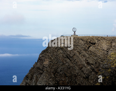 A globe made of steel on the North Cape, Norway Stock Photo
