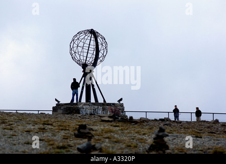 A globe made of steel on the North Cape, Norway Stock Photo