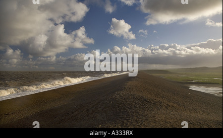 Cley Bank Norfolk Sea Defences breached by Spring Tide Stock Photo