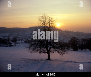Haresfield Hill in the Cotswolds viewed from Edge, Gloucestershire in snow Stock Photo