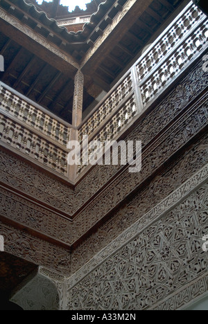 Ali ben Youssef Medersa (ancient Koranic school), Marrakech. 1565. Courtyard detail. Stock Photo