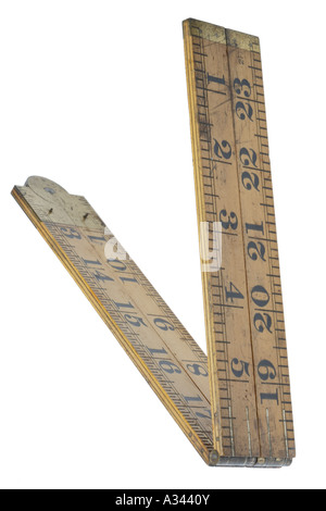 Folding wood measuring ruler Brass hinges Letter V Stock Photo