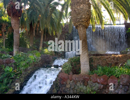Waterfalls in sub tropical gardens of the Parque de Taoro, Puerto de la Cruz, Tenerife Stock Photo
