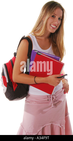 Blond high school senior girl with a backpack, text books and mobile Stock Photo