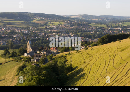 View towards Selsley Church and Stroud from Selsley Common, Cotswold Way, UK Stock Photo