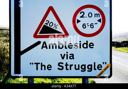 Road sign near Hardknott pass  to Ambleside English Lake District Cumbria England UK EU Stock Photo