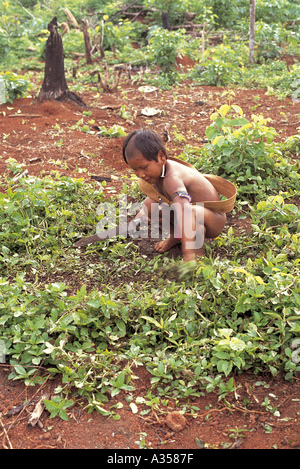 A Ukre Village Xingu Brazil Young Kayapo girl learning traditional crop management using a machete Stock Photo