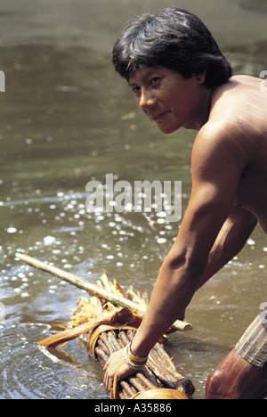 A Ukre village Brazil Kayapo man using timbo lianas hitting them to release the poison they use to catch fish Xingu Stock Photo