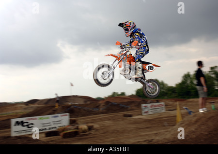 Motocross racing 8 year Justin Cooper races in the 7 8 year Peewee MX class on  his KTM SX 50 cc bike Stock Photo
