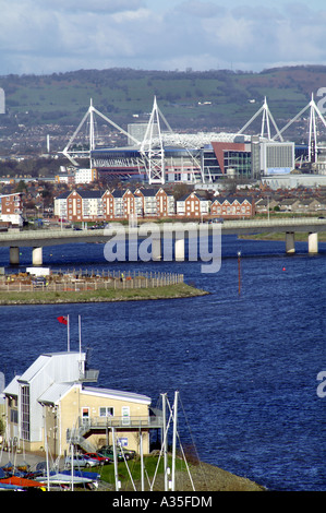 view across cardiff bay and the millennium stadium from penarth glamorgan south wales Stock Photo