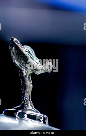 Rolls-Royce Motor Car factory assembly line at Goodwood, West Sussex UK. The Spirit of Ecstasy on a bonnet. Stock Photo