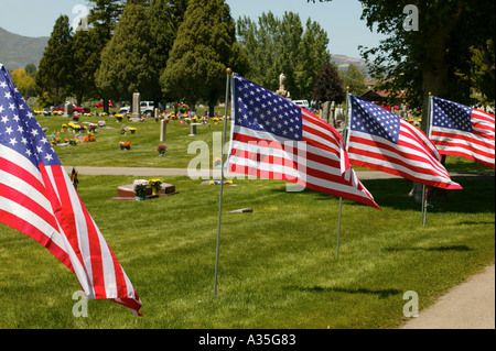 American flags blowing in the wind on Memorial Day at a cemetery Stock Photo
