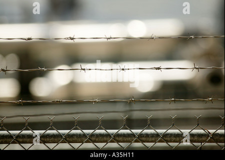 Top of a cyclone fence with barbed wire Stock Photo