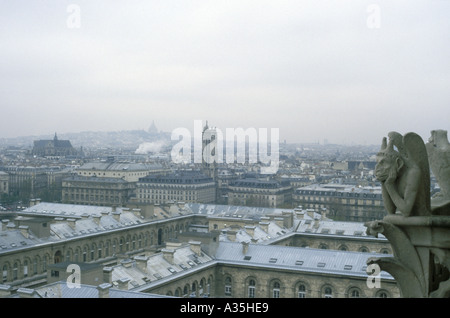 One of the many gargoyles atop Notre Dame Cathedral looking out over the city of Paris Stock Photo