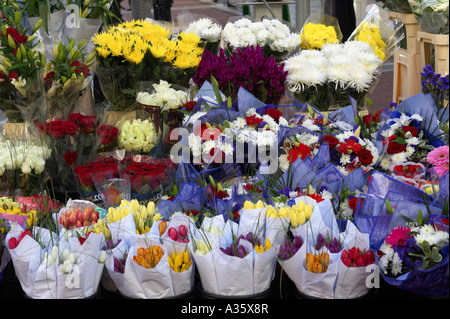 mixed bunches of flowers for sale on a flower stall grafton street dublin Stock Photo