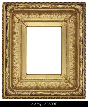 A vertical thick gold gilded shiny rectangular decorative ornate antique frame Stock Photo