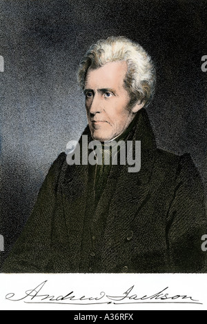 President Andrew Jackson drawn from life with his signature. Hand-colored steel engraving Stock Photo