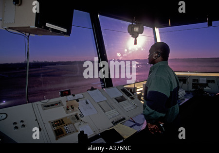 Detroit Michigan An air traffic controller in the tower at Detroit City Airport Stock Photo