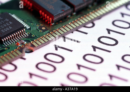 Binary code numbers and Memory on white background Stock Photo