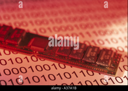 Binary code numbers and Memory on red background Stock Photo