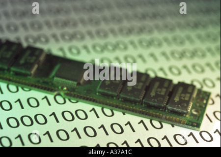 Binary code numbers and Memory on green background Stock Photo