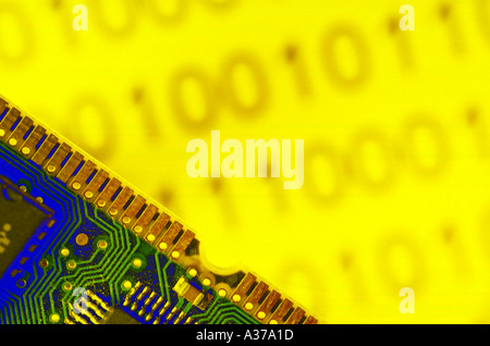 Binary code numbers and Memory on yellow background Stock Photo