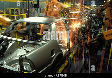 Spot welding robotics on assembly line at Saab Plant in Sweden Stock Photo