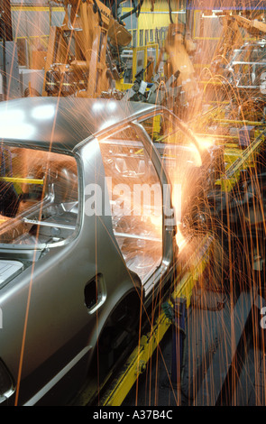 Spot welding robotics on assembly line at Saab plant in Sweden Stock Photo