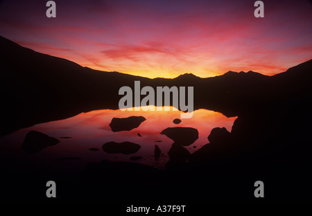 Winter sunset over the Snowdon Range, viewed across Llynau Mymbyr, Snowdonia National Park, North Wales UK