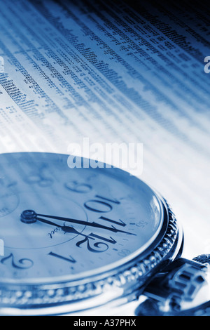 Taschenuhr und Boersenbericht, Photomontage business reports clock symbol Stock Photo