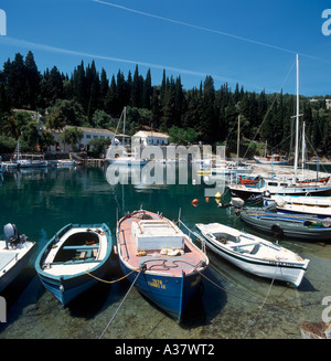 Fishing boats in the harbour at Kouloura, North East Coast, Corfu (Kerkyra), Ionian Islands, Greece Stock Photo