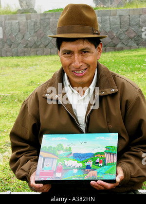 Artist Almedo Cuyo outside El Crater restaurant in Quito Ecuador Stock Photo