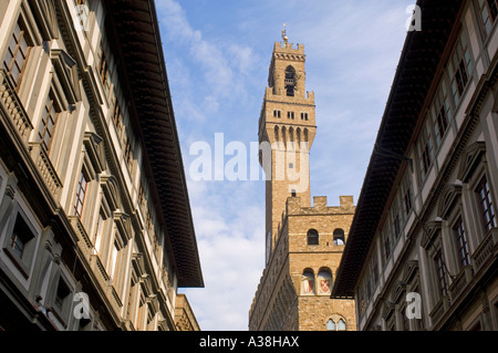 A wide angle view of the Palazzo Vecchio in Florence 'surrounded' by the two wings of the Uffizi Gallery. Stock Photo