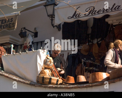 Lather Goods for sale, Mijas Pueblo, Andalucia, Spain, Europe, Stock Photo