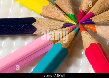 Close up of tips of coloured pencils arranged in star pattern Stock Photo