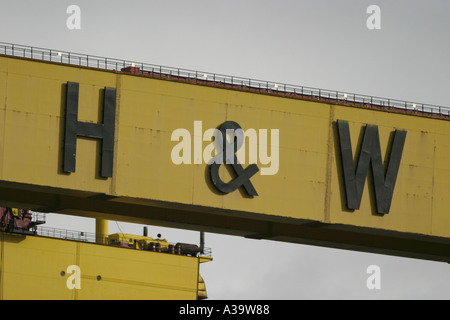 Harland and Wolff symbol on one of two giant shipyard cranes Samson and Goliath Belfast Northern Ireland Stock Photo