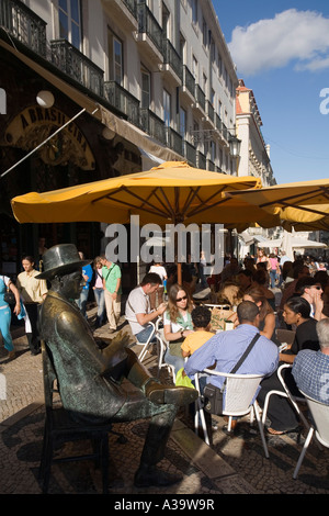 Portugal Lisbon Cafe Brasileira Barrio Chiado people statue Fernando Pessoa rua Garret Stock Photo