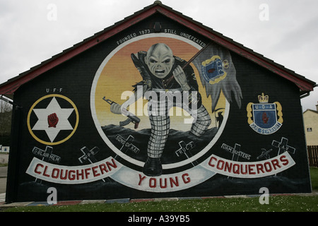 cloughfern young conquerors loyalist wall mural UFF UDA newtownabbey county antrim northern ireland Stock Photo