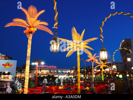 Lit up palm trees on street in Sharm El Sheikh, Egypt. Stock Photo