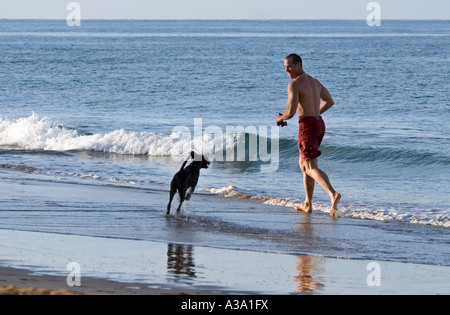 Man Running with Dog on the Beach in Maui, Hawaii Stock Photo