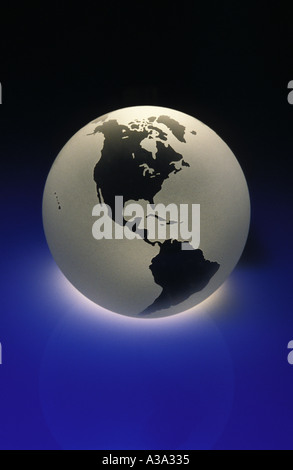 crystal model globe on blue backgound North America prominent Stock Photo