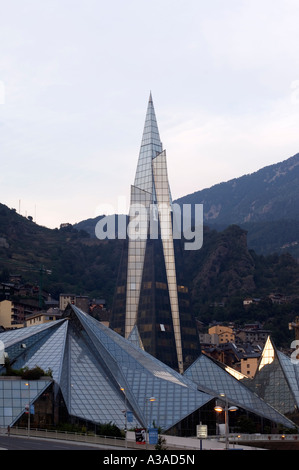 Caldea Hot Spring Complex lit up in the evening, Andorra La Vella