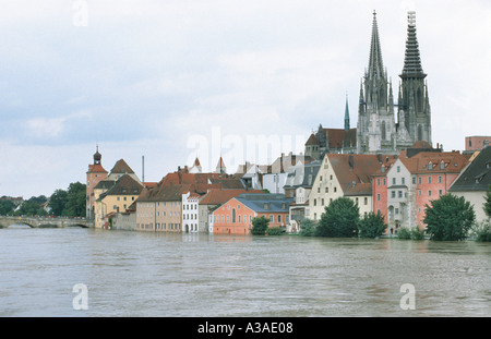 inundation the flood in Regensburg  OLD STONE BRIDGE famous  Regensburg is  world cultural heritage UNESCO 2006 Stock Photo