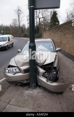 Car Volvo S80 D5 which has crashed into a lamp post UK Stock Photo