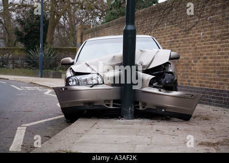 Car Volvo S80 D5 which has crashed into a lamp post UK Stock Photo