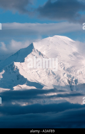 Denali National Park, Denali,  Mt McKinley Alaska USA North Face Clearing windstorm high on the mountain Dark clouds Fresh snow Stock Photo