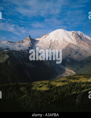 Mt Rainier National Park, WA, USA, Sunrise Area, First Light on the Summit, 14410 ft, NE Face, Emmons Glacier, Valley, Meadow Stock Photo