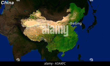 Satellite Image Of China Highlighted With Beijing Shown Stock Photo