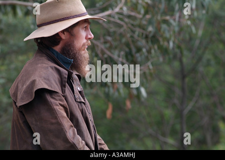 Australian cattleman mountains farmer with Akubra hat and Driza Bone ...